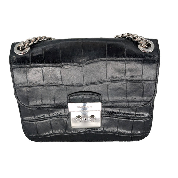 Michael Kors Sloan Editor Black Leather Crocodile Embossed Chain Strap Handbag - Picture 2 of 14
